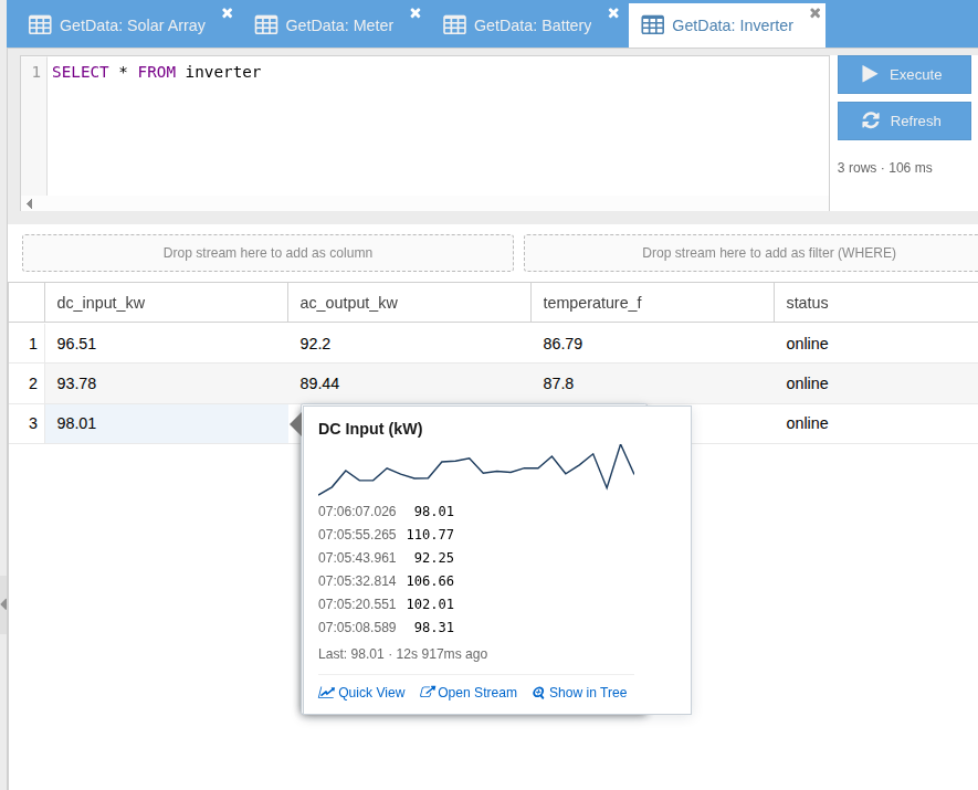 GroveStreams Studio query result with a hover popover showing 'DC Input (kW)' — sparkline, six recent timestamped samples, last value with age, and Quick View / Open Stream / Show in Tree action chips