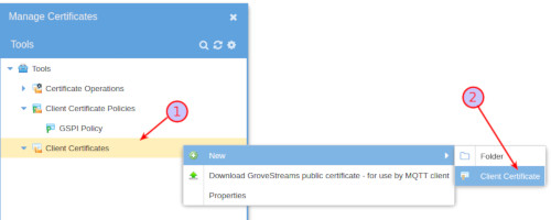 GroveStreams - MQTT Certificate Menu